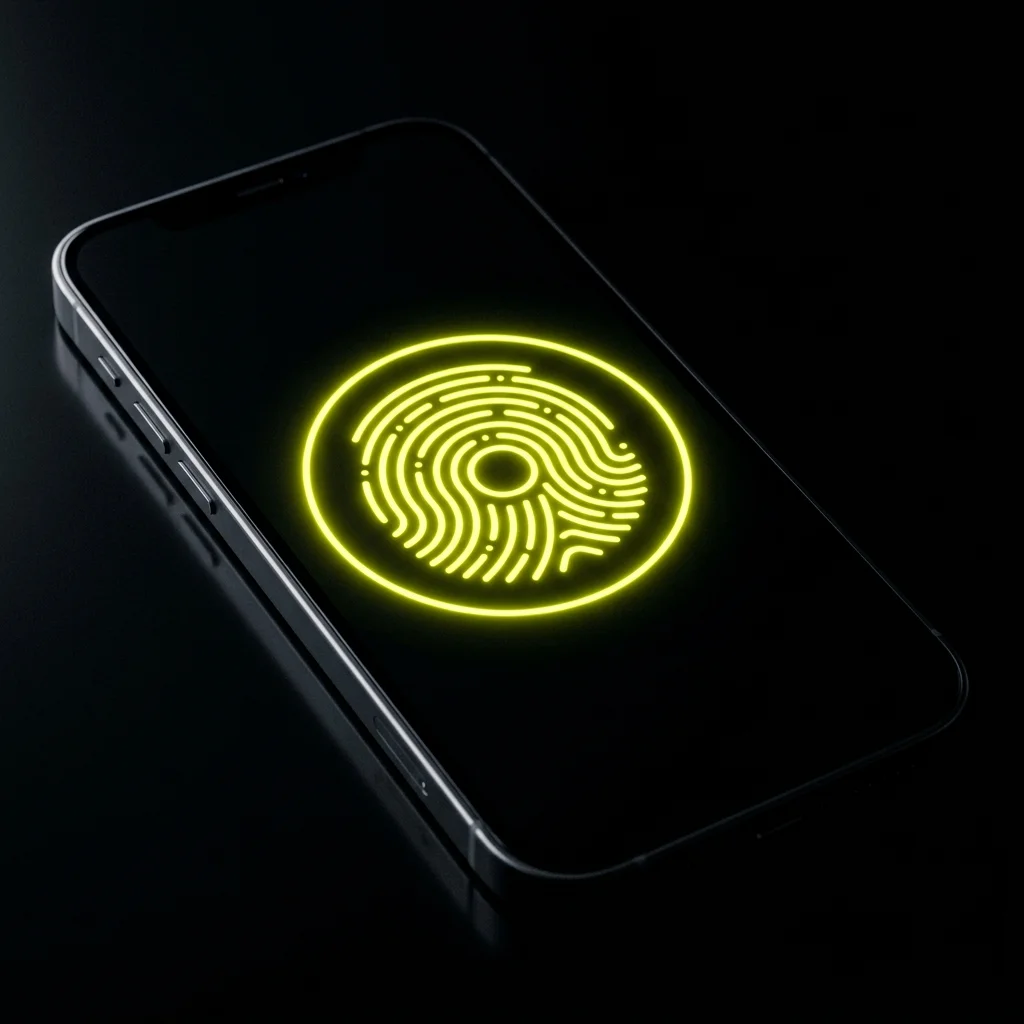Smartphone display showing a neon yellow glowing fingerprint biometric scan layout