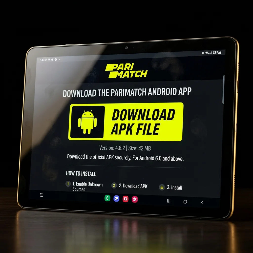 Tablet screen showing Android download button for Parimatch APK file