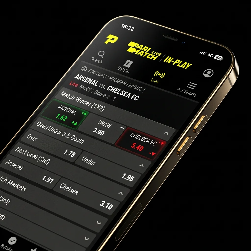 Smartphone displaying live odds and Arsenal vs Chelsea football match inside the Parimatch app