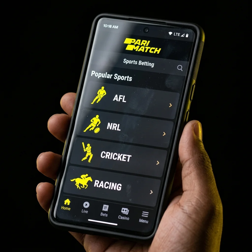 Smartphone display showing sports selection for AFL, NRL, Cricket and Racing inside the Parimatch app