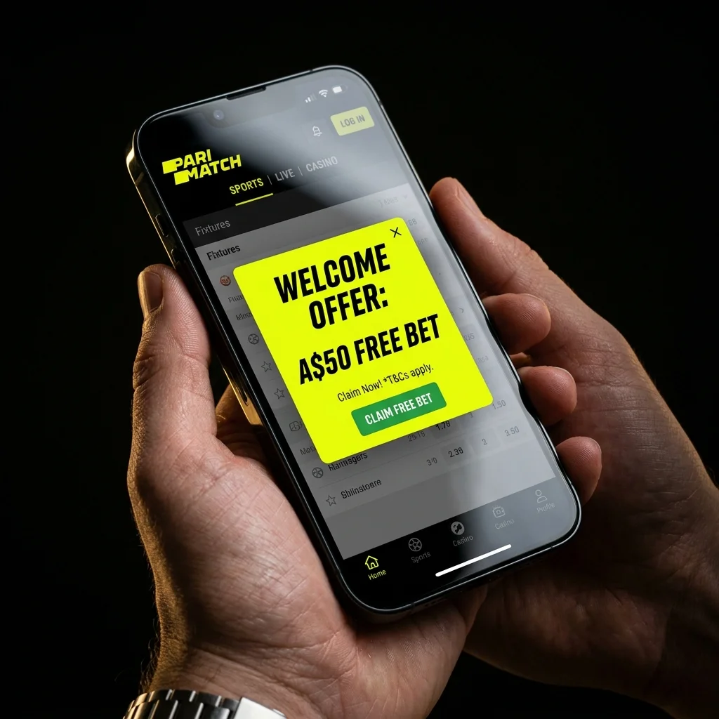 Smartphone displaying Parimatch Welcome Offer A$50 Free Bet Popup Card
