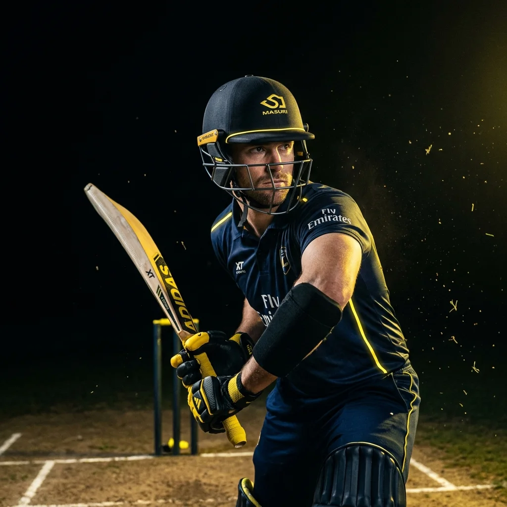 Cricket Batsman at the crease at night under stadium floodlights