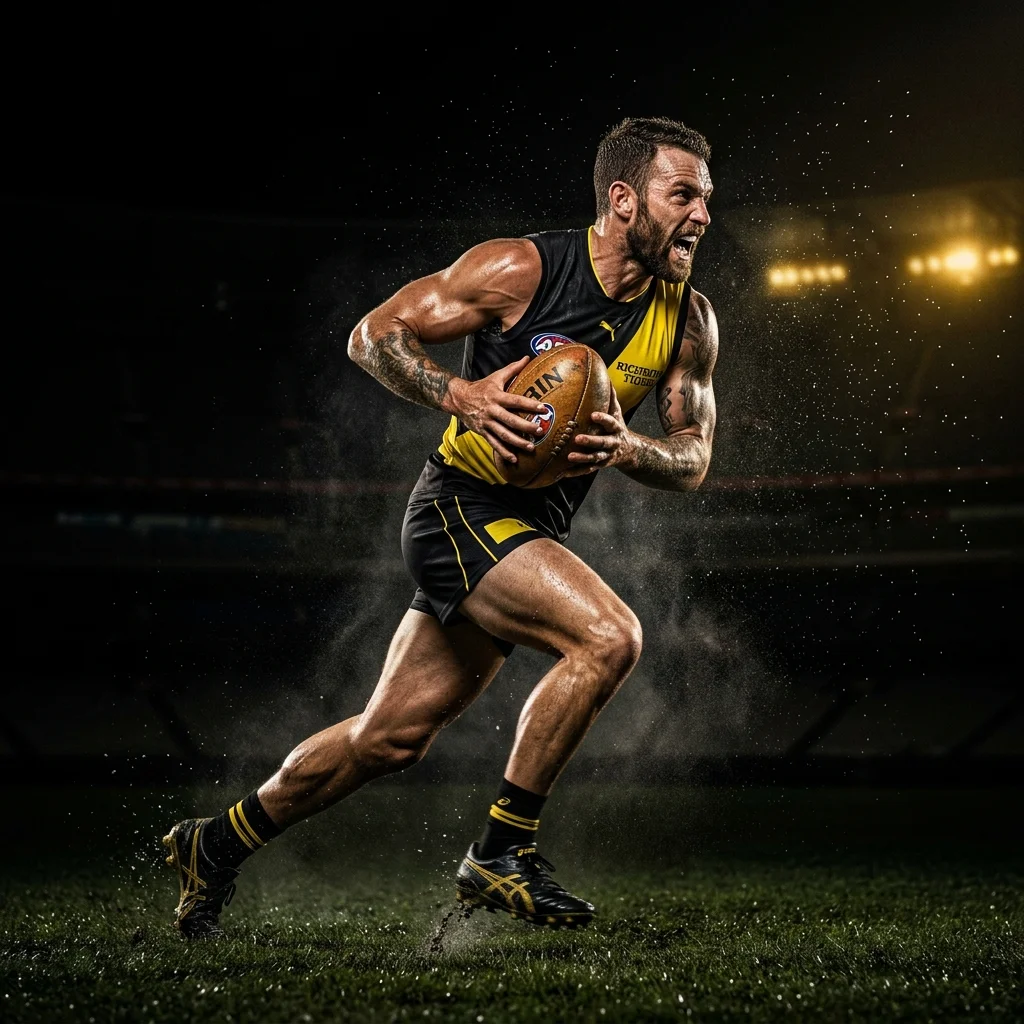 AFL Player running with ball in black and yellow kit under lights