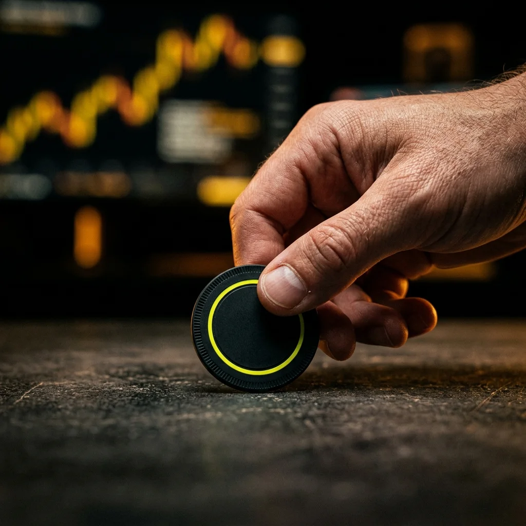 Hand placing betting chip onto concrete desk under warm lighting
