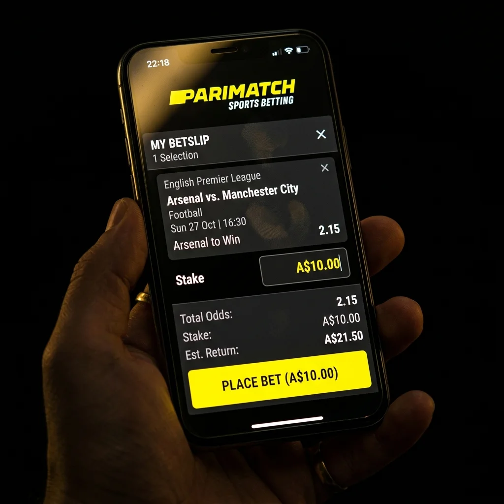Parimatch app interface showing a single bet slip with A$10.00 stake
