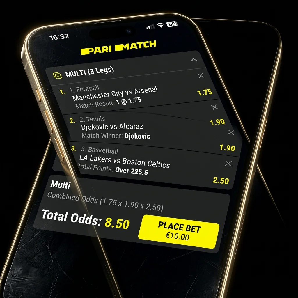Parimatch app interface showing multi bet ticket with combined odds of 8.50