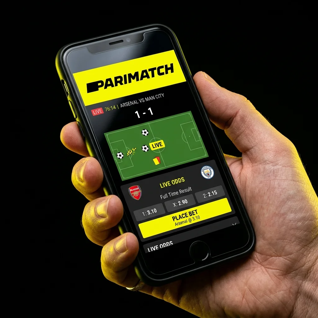 Hand holding mobile phone displaying live betting app with yellow buttons