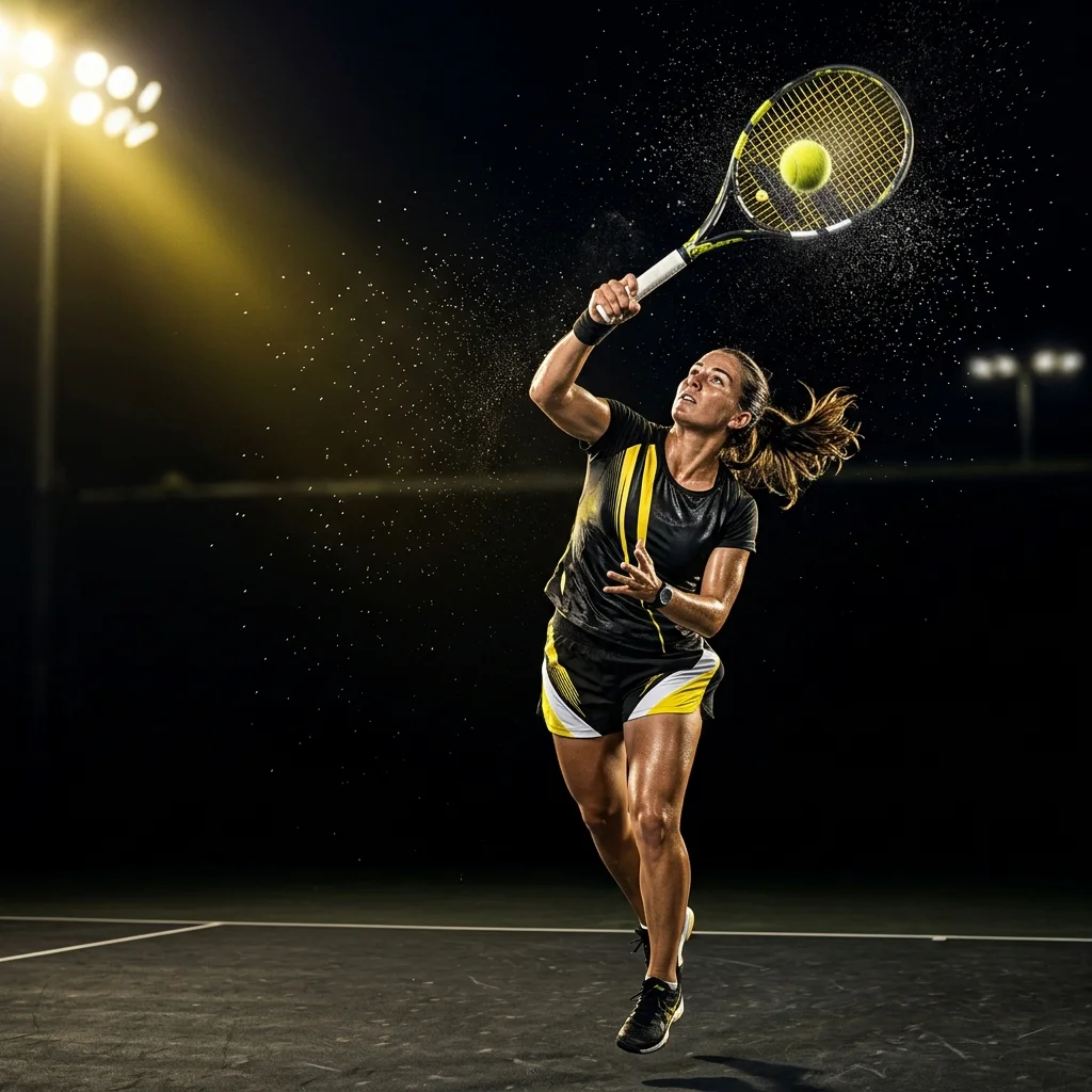 Live Tennis Player Serving at Court at Night under spotlights