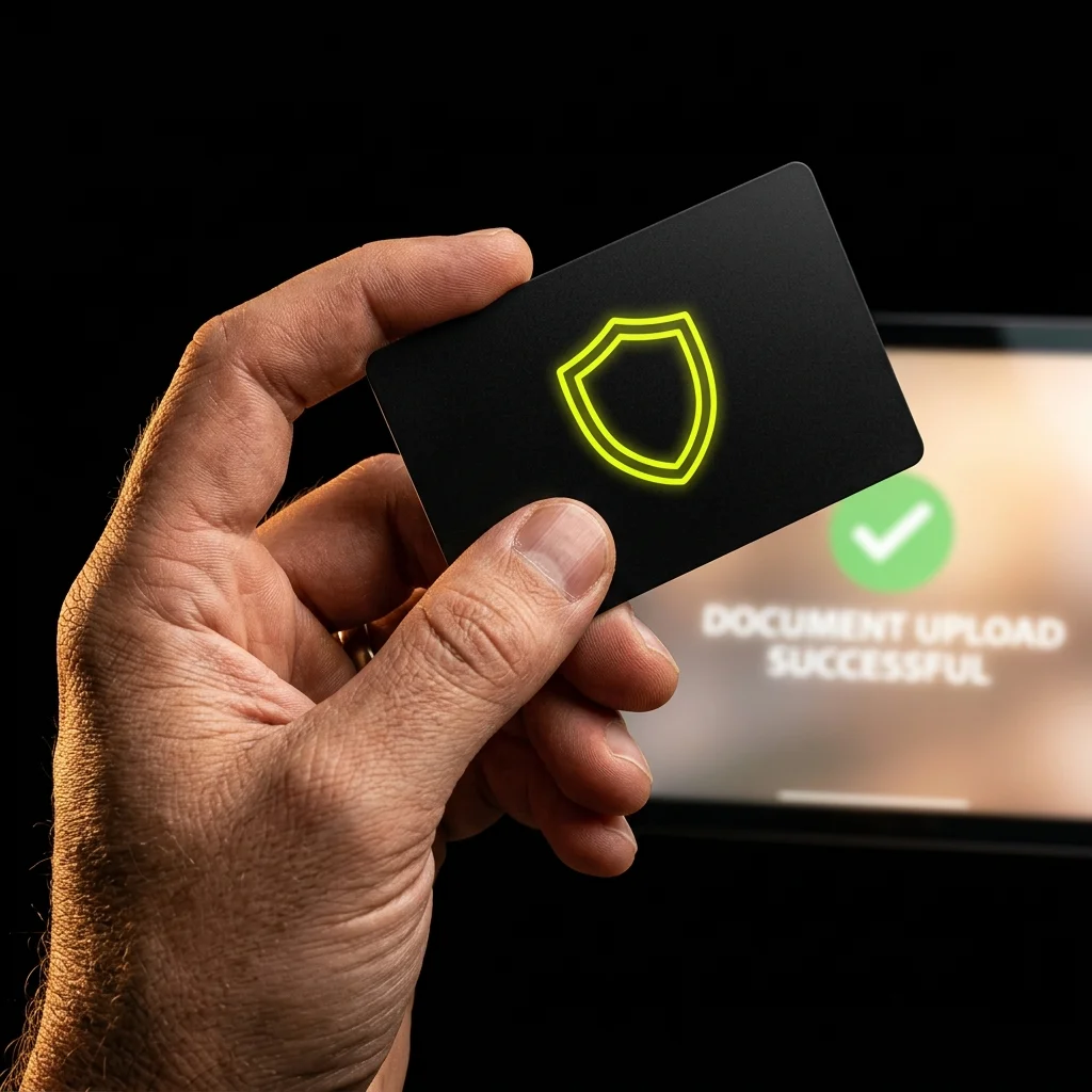 Hand holding identity card next to tablet screen showing success checkmark