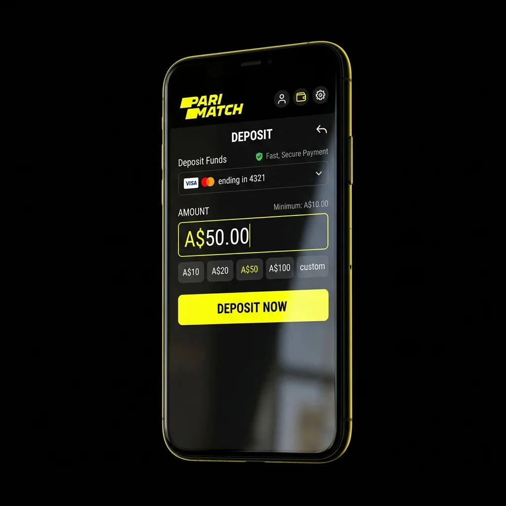 Smartphone display showing a deposit of A$50.00 with Deposit Now button