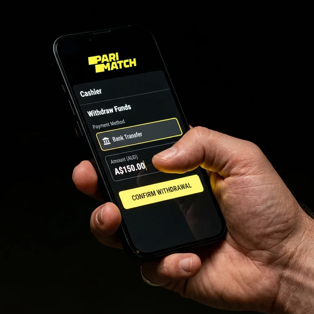 Smartphone cashier screen displaying bank transfer withdrawal of A$150.00
