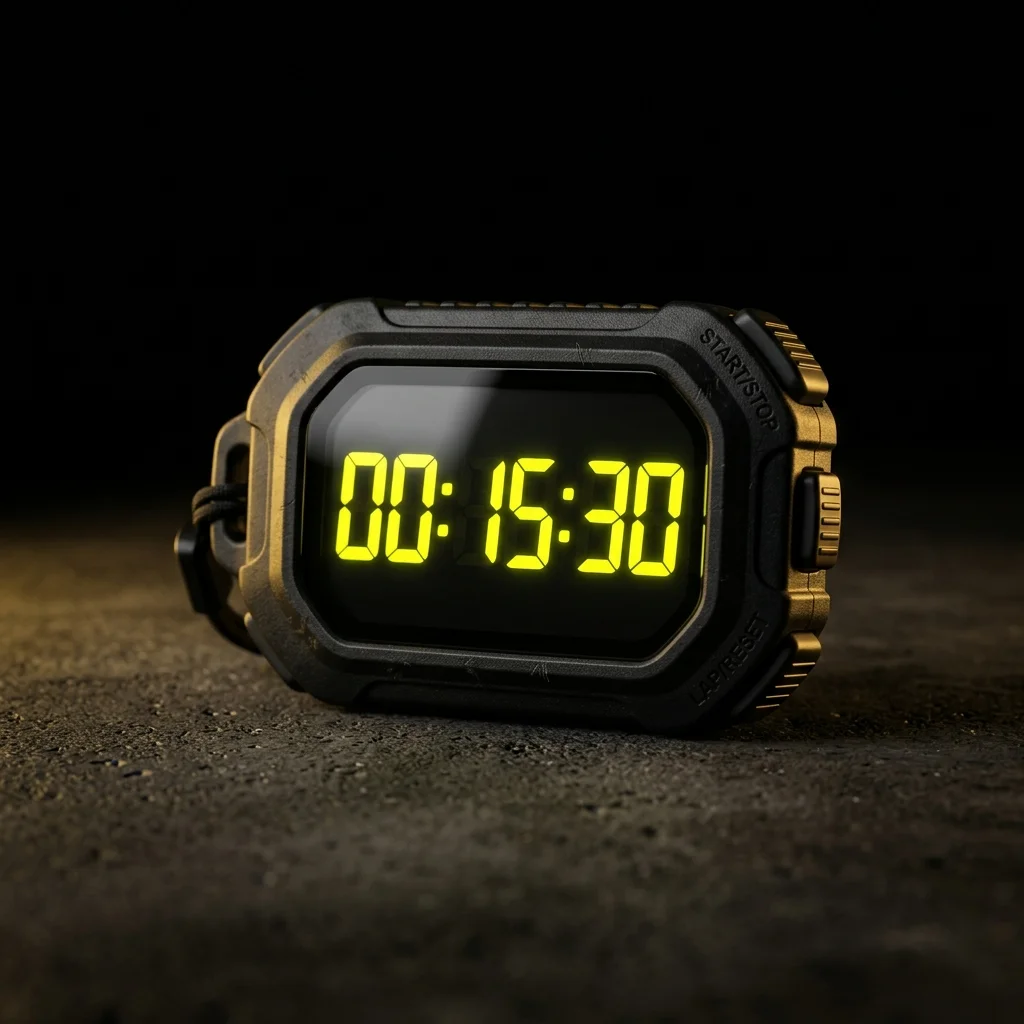 Digital stopwatch displaying fifteen minutes and thirty seconds
