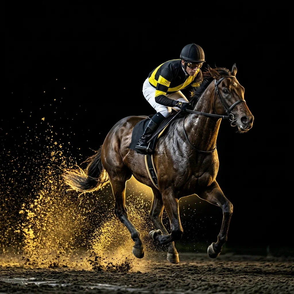 Jockey in yellow and black jersey riding horse mid-race under spotlights