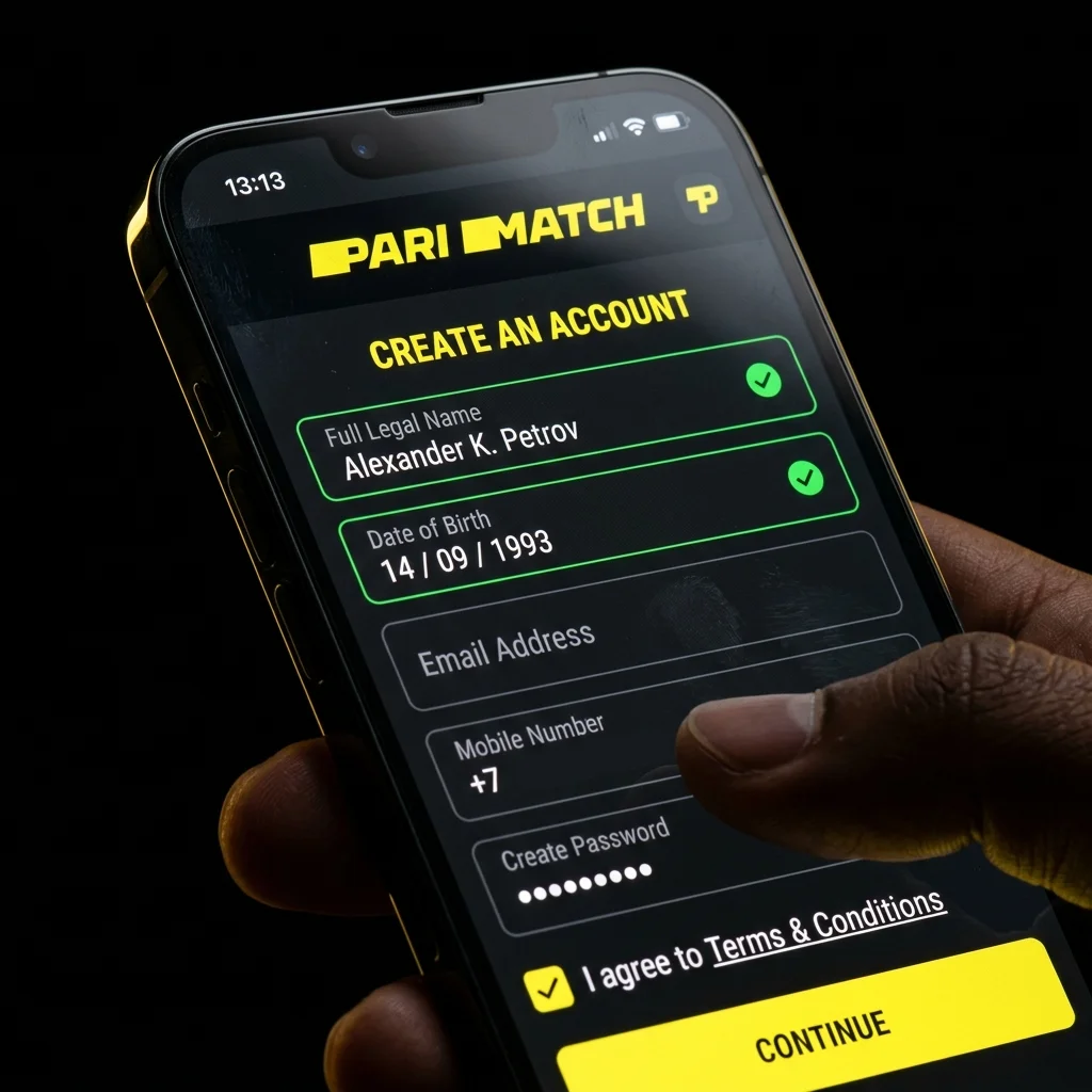 Smartphone displaying Parimatch registration account creation fields with checked legal name and date of birth