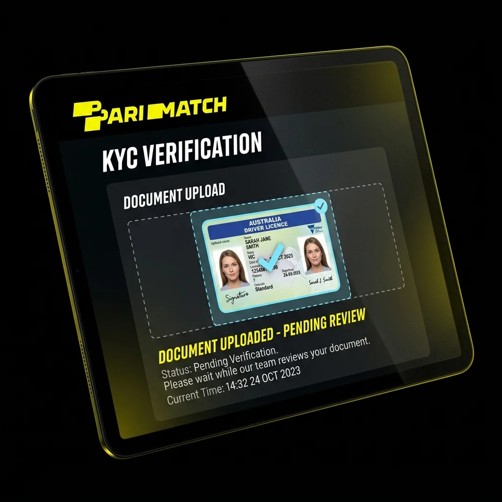 Tablet dashboard showing official document verification with Australian driver licence uploaded status pending review