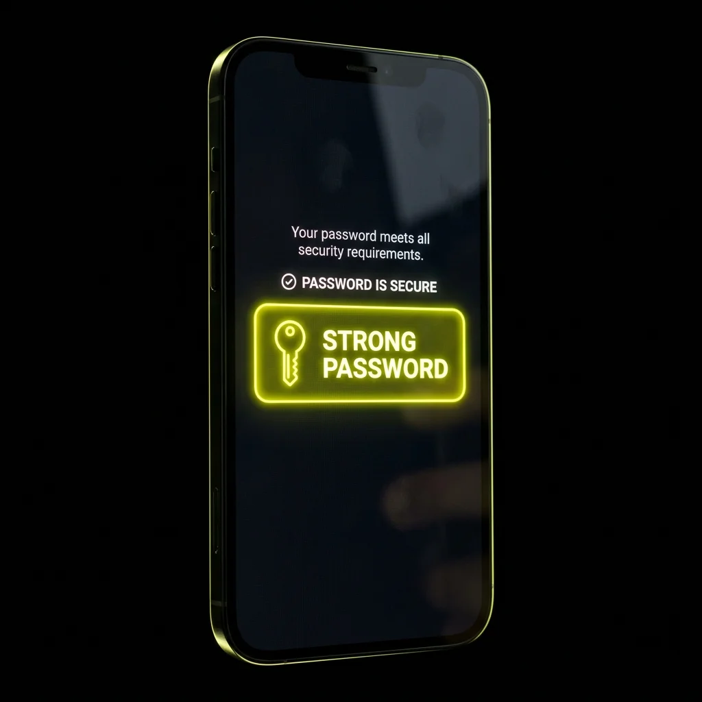 Smartphone screen validation display showing strong password conforms to requirements status secure